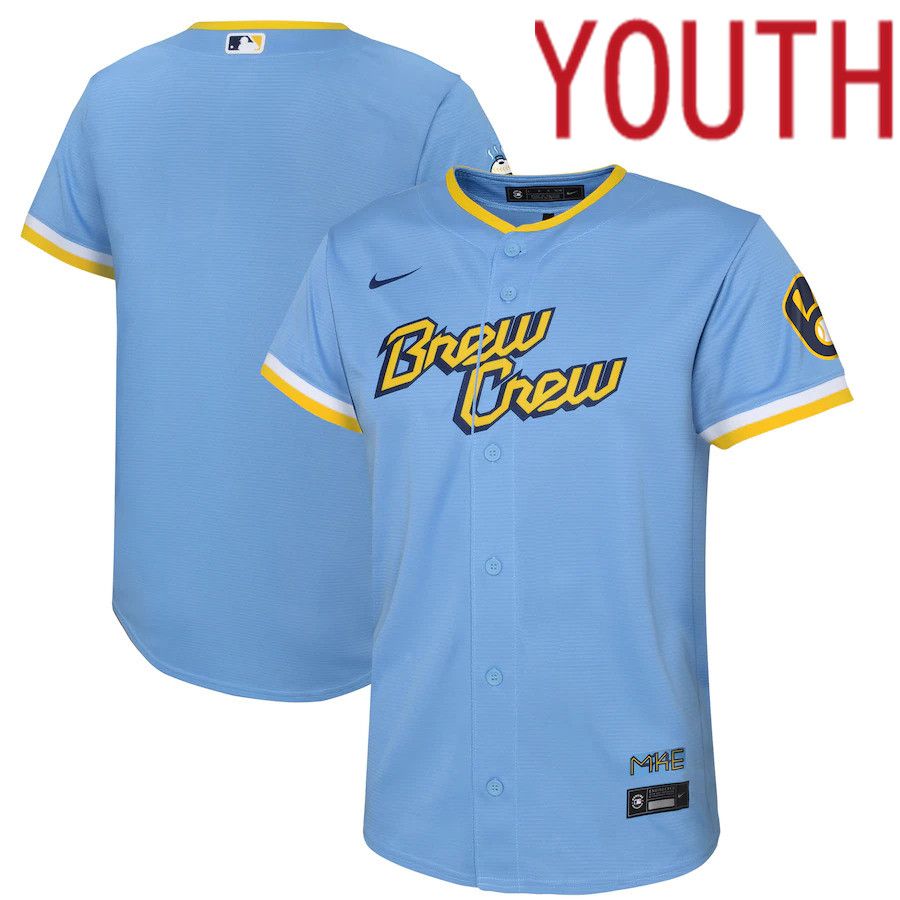Custom Youth Milwaukee Brewers Blank Nike Powder Blue 2022 City Connect Replica Team MLB Jersey->customized mlb jersey->Custom Jersey